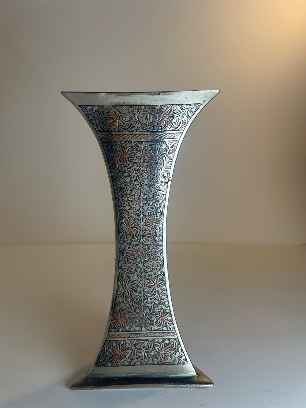 Floral Engraved Silver-Tone Decorative Vase - Silver with Copper Highlights
